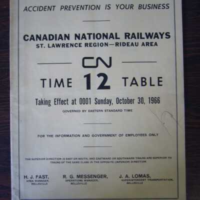 CN St. Lawrence Region - Rideau Area Time Table 12, Taking Effect at 0001 Sunday, October 30th, 1966