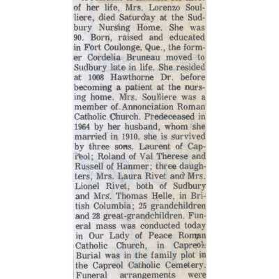 Document, Obituary, Cordella Soulliere