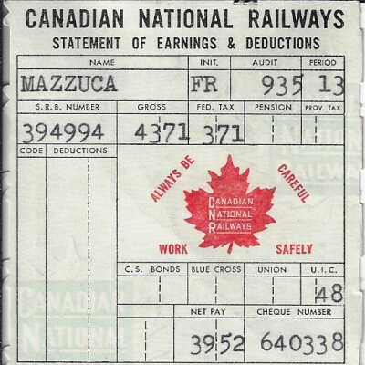 Canadian National Statement of Earnings and Deductions belonging to Frank Mazzuca