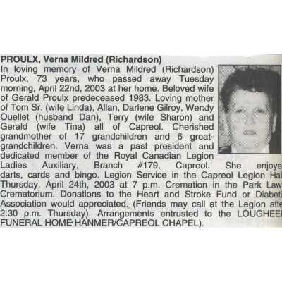 Document, Obituary, Verna Mildred Proulx.