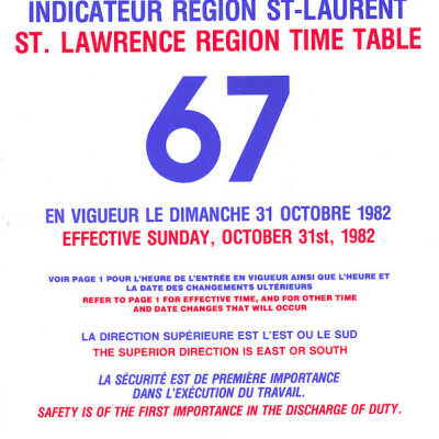 Employee Timetable, CN Rail, St. Lawrence Region 67, October 31st 1982.