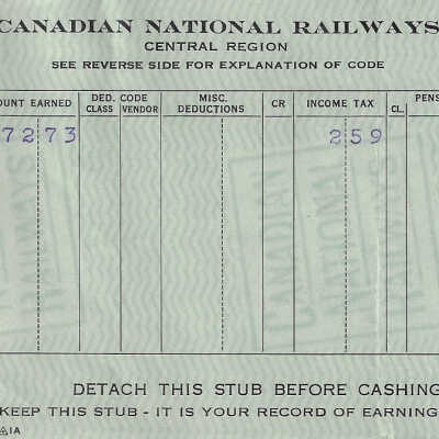 Canadian National Statement of Earnings and Deductions belonging to Frank Mazzuca