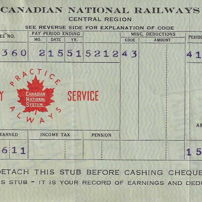 Canadian National Statement of Earnings and Deductions belonging to Frank Mazzuca