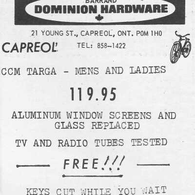 Newspaper Advertisement, Barrand Dominion Hardware, Capreol.