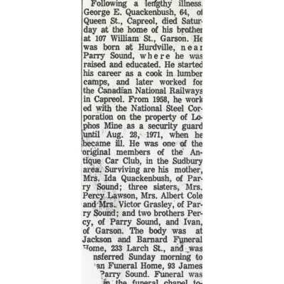 Document, Obituary, George Quackenbush.