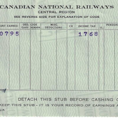 Canadian National Statement of Earnings and Deductions belonging to Frank Mazzuca