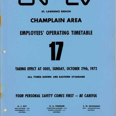 CN Employee Operating Time Table 17 for St. Lawerence Region, Champlain Area, Effective Sunday, October 29th, 1972