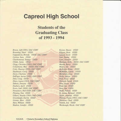 Capreol High School Graduating Class List, 1993-1994