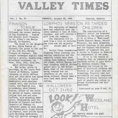 The Capreol and Valley Times: Vol 1 (19) October 25th, 1962