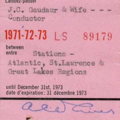 Canadian: National: Atlantic, St Lawrence and Great Lakes Region Pass, J. C. Gaudaur and Wife, 1971