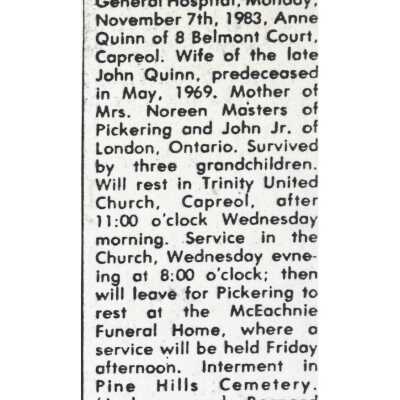 Document, Obituary, Anne Quinn.