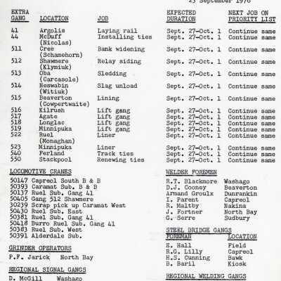 Document, Canadian National Railways, Northern Ontario Area, Capreol Ontario Location Reports, 23 September 1976.