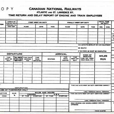 Document, Canadian National Railways, Atlantic and St Lawrence Railway, Time Return and Delay Report of Engine and Train Employees, CNR 8524-R, Blank.