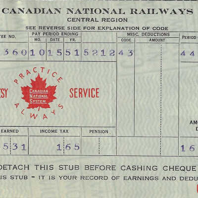 Canadian National Statement of Earnings and Deductions belonging to Frank Mazzuca
