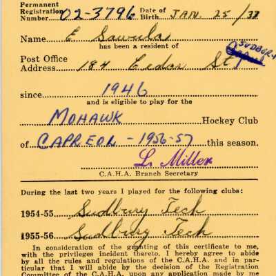 Hockey Player's Registration Certificate belonging to E. Sawula