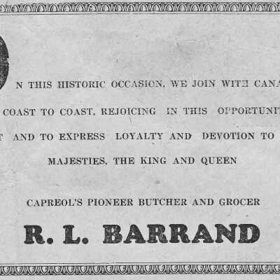 Newspaper Advertisement, R.L. Barrand Butcher and Grocer, 1939.