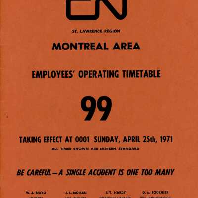 Timetable, CN Montreal Area Timetable 99. April 25th 1971.
