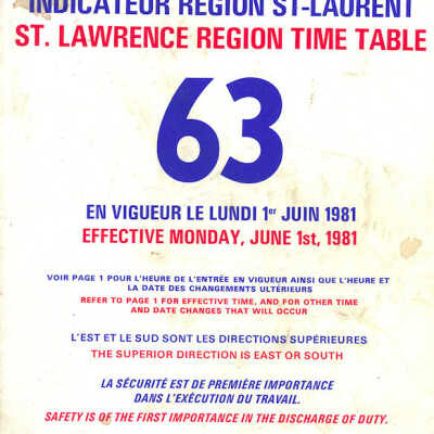 Employee Timetable, CN Rail, St. Lawrence Region 63, June 1st 1981.