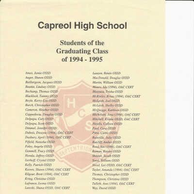 Capreol High School Graduating Class List, 1994-1995