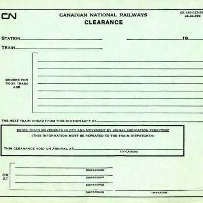 Document, Canadian National Railways Clearance, CN 710-C(7-70), Blank.