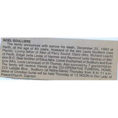 Document, Obituary, Noel Soulliere