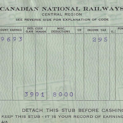 Canadian National Statement of Earnings and Deductions belonging to Frank Mazzuca