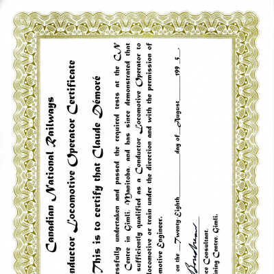 CNR Conductor Locomotive Operator Certificate