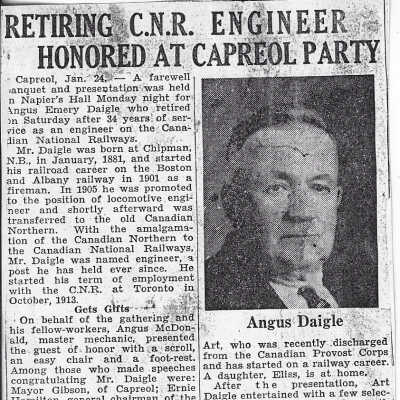 Angus Emery Dangle, retiring C.N.R. Engineer Honored at Capreol Party