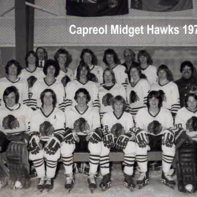 Photograph, 1976-1977 Capreol Midget Hawks. A. Melville, D. Cariati, L. Lambovitch, M. Ryan, R. Chuipka, Ken Burns, M. Brownrigg, D. Currie, J. Hanzel, T. Grenon, R. Kennedy, D. Gelinas, D. Austin, Kevan Burns, B. Goulet, D. MacLean, C. Roy, Manager G. Tom Anderson and Doug Currie Sr. Coach Danny Ouellet, Trainer Denis Crisp, Owner Bruce Miles.