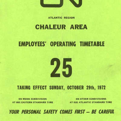 Employee Timetable, CN Rail, Chaleur Area 25, October 29th 1972.