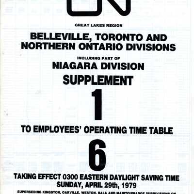 Timetable, CN Belleville, Toronto and Northern Ontario Supplement 1 to Timetable 6. April 29th 1979.