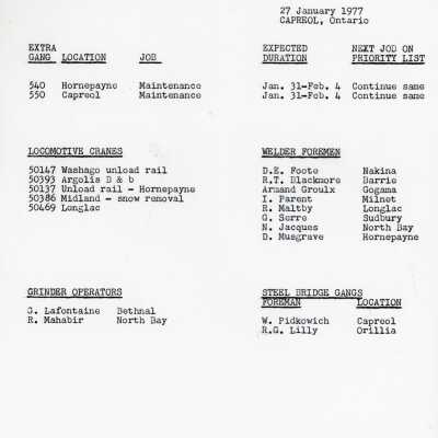 Document, Canadian National Railways, Northern Ontario Area, Capreol Ontario Location Reports, 27 January 1977.