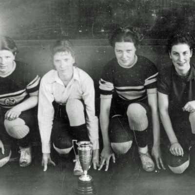 Photograph, Girls Track Team 1936, Mildred Deavy, Mary Wychara, Marion Deavy, Enid Studer.