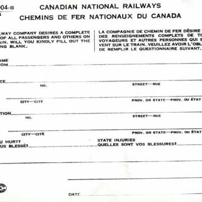 Document, Canadian National Railways Passenger Record Form, CNR 3904-B, Blank.