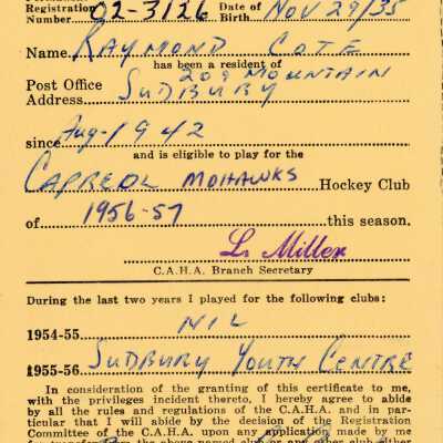 Hockey Player's Certificate belonging to Raymond Cote