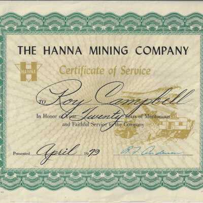 Certificate - the Hanna Mining Company Certificate of Service presented to Roy Campbell for 20 years of service