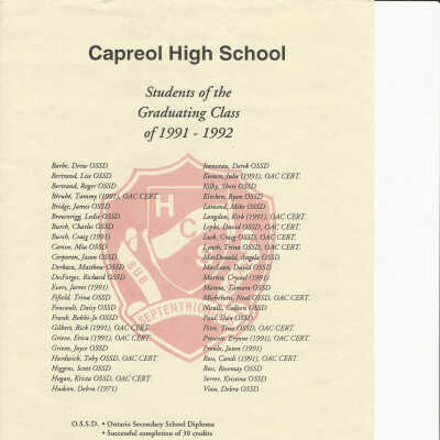 Capreol High School Graduating Class List, 1991-1992