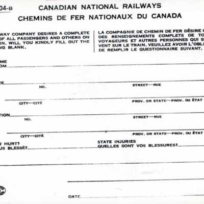 Document, Canadian National Railways Passenger Record Form, CNR 3904-B, Blank.