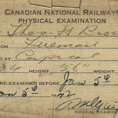 Canadian National: Physical Examination Card, Vision, Colour Sense, and Hearing Record, T. H. Brown, 1942