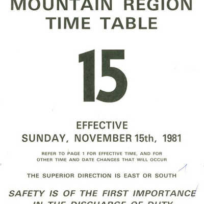 Employee Timetable, CN Rail, Mountain Region 15, November 15th 1981.