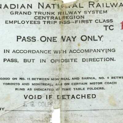 Canadian National: Employee Trip Pass, Powassan ON from Capreol ON, J. C. Gaudaur, 1954