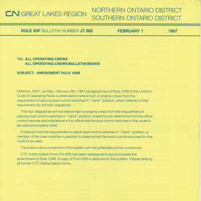Canadian National Great Lakes Region: Amendment to Rule 104B
