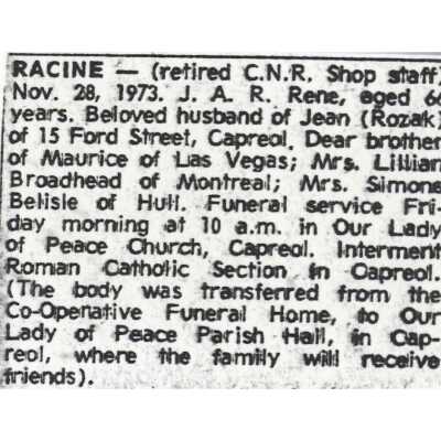 Document, Obituary, Rene Racine.