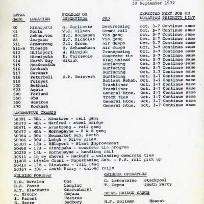 Document, Canadian National Railways, Northern Ontario Area, Capreol Ontario Location Reports, 30 September 1977.