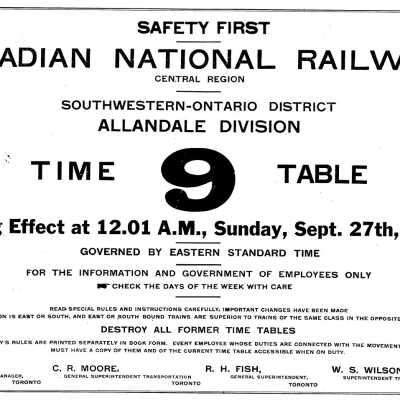 Timetable, CNR 9, September 27th 1925, Allandale Division.