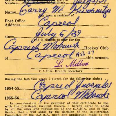 Hockey Player's Registration Certificate belonging to Garry M. Kuasuitya