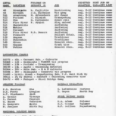 Document, Canadian National Railways, Northern Ontario Area, Capreol Ontario Location Reports, 5 August 1977.