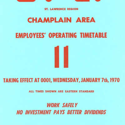 Employee Timetable, CN Rail, Champlain Area 11, January 7th 1970.