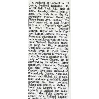 Document, Obituary, Berthold Rainville.