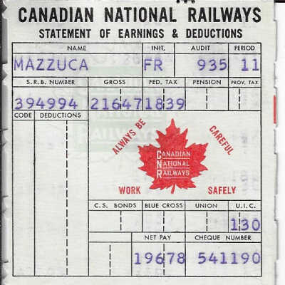 Canadian National Statement of Earnings and Deductions belonging to Frank Mazzuca